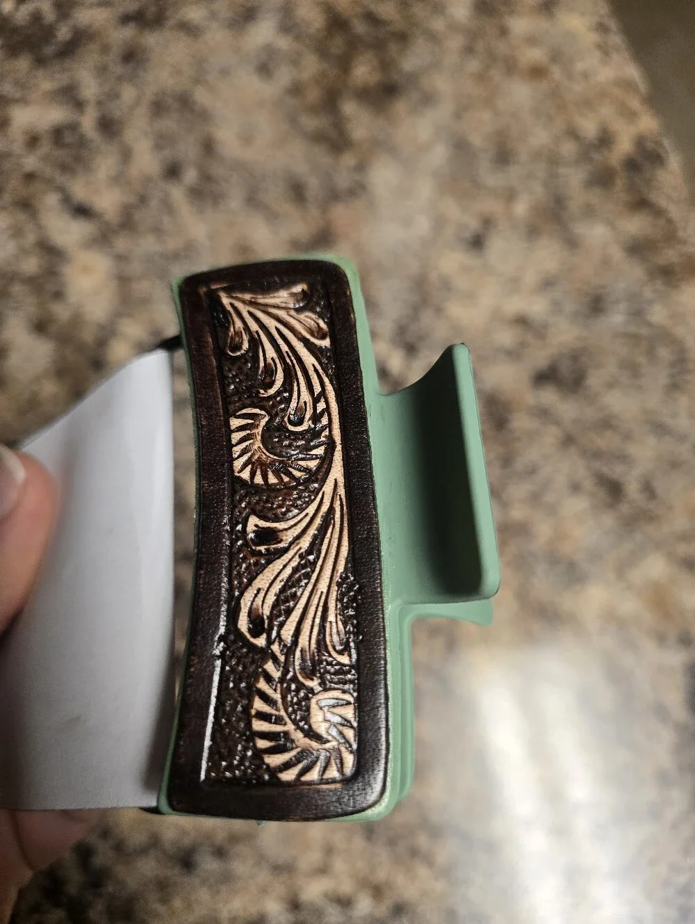 Leather Tooled Hair Claw Clip - Green with Brown Tooled Accent